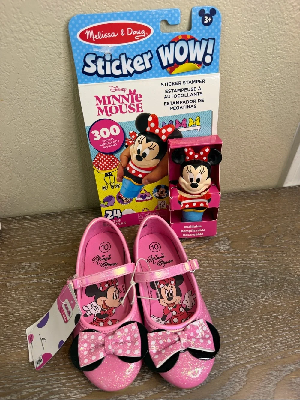 Disney Minnie Mouse Pink Glitter Ballet Flats Shoes Toddler Girls 10 & Sticker